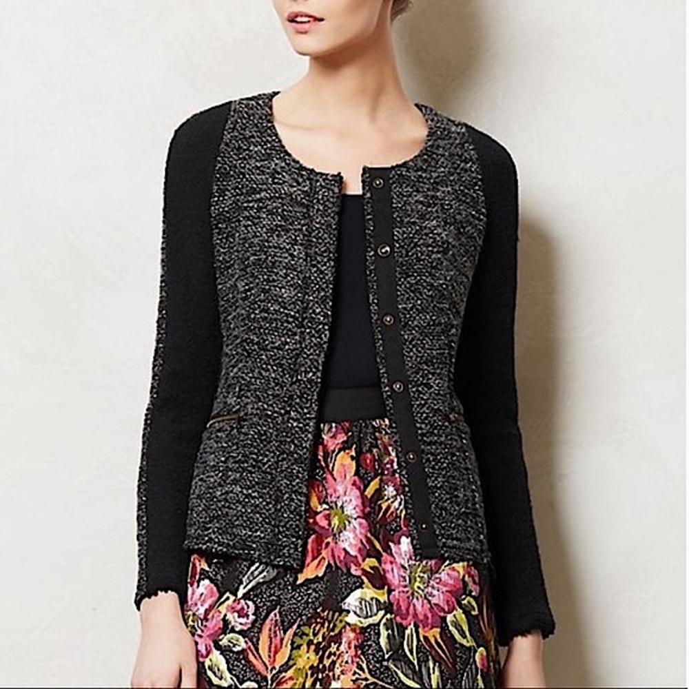 ANTHROPOLOGIE Cartonnier black glimmer tweed wool sweater jacket XS like new